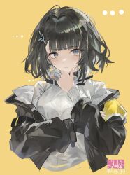  ... 1girl absurdres arknights arknights:_endfield arm_under_breasts artist_name black_coat black_hair blue_eyes breasts chinese_commentary coat commentary_request cropped_torso dated endministrator_(arknights) female_endministrator_(arknights) hair_ornament hand_on_own_chin highres hood hood_down hooded_coat looking_at_viewer medium_breasts no_mask off_shoulder open_clothes open_coat ribbed_sweater shaymas short_hair simple_background solo stroking_own_chin sweat sweater thinking white_sweater yellow_background 