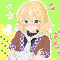  1girl :t absurdres arm_warmers artist_name black_shirt blonde_hair blush brown_shirt closed_mouth commentary_request crossed_arms dot_nose green_background green_eyes half_updo highres looking_at_viewer medium_hair mizuhashi_parsee naomi-chan notice_lines outline pointy_ears pout puff_of_air puffy_sleeves scarf shirt short_sleeves sidelocks simple_background solo touhou translation_request two-tone_background upper_body white_outline white_scarf yellow_background 