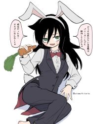  1girl animal_ear_hairband animal_ears bags_under_eyes black_hair black_pants black_vest blush botamothitarte bow bowtie breasts bunny_day buttons carrot collared_shirt commentary_request fake_animal_ears fake_tail feet_out_of_frame food green_eyes hair_between_eyes hairband hand_up highres holding holding_carrot holding_food holding_vegetable invisible_chair kuroki_tomoko long_hair long_sleeves looking_at_viewer lying on_side open_mouth pants rabbit_ears rabbit_tail red_bow red_bowtie shirt sidelocks simple_background sitting sketch small_breasts smile solo speech_bubble tail translation_request twitter_username vegetable vest watashi_ga_motenai_no_wa_dou_kangaetemo_omaera_ga_warui! white_background white_hairband white_shirt 