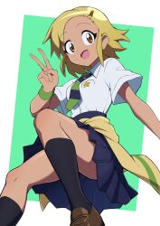  1girl :d absurdres angol_mois black_socks blonde_hair blue_skirt border brown_eyes brown_shoes clothes_around_waist collared_shirt commentary_request dark-skinned_female dark_skin foot_out_of_frame green_background green_necktie hand_up highres jacket jacket_around_waist keroro_gunsou kneehighs loafers looking_at_viewer necktie open_mouth outside_border pleated_skirt rurisuke shirt shoes short_hair short_sleeves simple_background skirt smile socks solo striped_clothes striped_necktie v white_border white_shirt wristband 