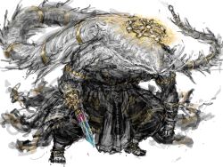  1other arm_blade clenched_teeth commentary english_commentary full_body giant head_tail highres jujutsu_kaisen mahoraga_(jujutsu_kaisen) monster senaragzathoth sketch solo sword teeth weapon wheel_of_dharma 