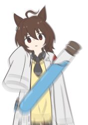  1girl absurdres agnes_tachyon_(tach-nology)_(umamusume) agnes_tachyon_(umamusume) ahoge animal_ears black_necktie brown_hair chemical_structure coat cork earrings hair_between_eyes highres horse_ears horse_girl horse_tail huge_ahoge jewelry koshiba_taiyaki lab_coat long_sleeves looking_at_viewer medium_hair meme necktie pantyhose red_eyes shirt short_hair short_necktie single_earring sleeves_past_fingers sleeves_past_wrists solo sweater sweater_vest tail test_tube umamusume white_coat woe_plague_be_upon_ye_(meme) wolf_cut yellow_sweater yellow_sweater_vest 