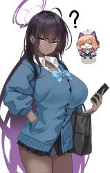  2girls :d ? ahoge animal_ear_headphones animal_ears belt_buckle black_hair black_skirt blonde_hair blue_archive blue_cardigan blue_nails blue_necktie blunt_bangs blush bow breasts buckle buttons cardigan cat_ear_headphones cat_ears cellphone chibi chibi_inset closed_mouth collared_shirt commentary cowboy_shot dark-skinned_female dark_skin earrings eitakotoku eyes_visible_through_hair fake_animal_ears gradient_hair grin gyaru hair_between_eyes hair_bow halo hand_in_pocket hand_up headphones highres holding holding_phone huge_breasts jewelry karin_(blue_archive) karin_(school_uniform)_(blue_archive) long_hair long_sleeves looking_at_viewer medium_hair meme miniskirt momoi_(blue_archive) multicolored_hair multiple_girls nail_polish necktie official_alternate_costume phone pink_bow pink_hair pink_halo pleated_skirt puffy_long_sleeves puffy_sleeves purple_hair purple_halo racist_momoi_(meme) school_uniform shirt skirt smartphone smile smug stud_earrings thai_commentary tsurime v-shaped_eyebrows very_long_hair white_shirt yellow_eyes 