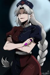  1girl absurdres artist_name belt bilingual_commentary blue_dress braid breasts commentary constellation cowboy_shot cross cross_print crossed_arms curtained_hair dress dripping full_moon grey_eyes grey_hair hair_tie hat highres holding holding_syringe kinoshii-shroom long_hair looking_at_viewer low_ponytail medium_breasts mixed-language_commentary moon multicolored_dress night nurse_cap open_mouth outdoors parted_bangs ponytail print_hat puffy_short_sleeves puffy_sleeves red_cross red_dress shaded_face short_sleeves sidelocks smile solo syringe touhou two-tone_dress very_long_hair white_belt yagokoro_eirin 