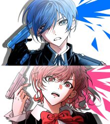  black_jacket blue_eyes blue_hair bow bowtie brown_hair collared_shirt commentary_request evoker gekkoukan_high_school_uniform hair_ornament hair_over_one_eye highres jacket korean_commentary persona persona_3 persona_3_portable red_bow red_bowtie red_eyes s.e.e.s school_uniform shiomi_kotone shirt white_background woon719 x_hair_ornament yuuki_makoto_(persona_3) 