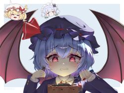  3girls :< ^_^ absurdres alternate_costume bat_wings blonde_hair blue_hair blue_hat blush bomb bow braid chinese_commentary clenched_teeth closed_eyes closed_mouth collared_shirt commentary_request crying explosive fang flandre_scarlet green_bow grey_hair hair_bow hat hat_ribbon head_only highres holding holding_pliers holding_screwdriver iamszc izayoi_sakuya jacket long_sleeves maid_headdress mob_cap multiple_girls one_side_up pliers purple_hat purple_jacket red_eyes red_nails remilia_scarlet ribbon scarlet_police screwdriver shirt siblings sisters skin_fang streaming_tears tears teeth touhou twin_braids white_hat white_shirt wings 