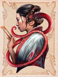  1girl black_hair chopsticks christopher_stoll commentary english_commentary extra_mouth fish_(food) food futakuchi-onna highres holding holding_chopsticks japanese_clothes kimono long_tongue nigirizushi original sharp_teeth simple_background solo sushi teeth tongue twitter_username 