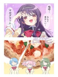  4girls black_hairband blue_hair bow bowtie bright_pupils chibi food green_hair hairband hand_in_own_hair highres juliet_sleeves kaname_madoka long_hair long_sleeves mahou_shoujo_madoka_magica mahou_shoujo_madoka_magica:_walpurgis_no_kaiten margherita_pizza miki_sayaka mitakihara_school_uniform multiple_girls open_mouth pink_hair pizza puffy_sleeves pun purple_hair red_bow red_bowtie red_eyes school_uniform serizawa_serizane shizuki_hitomi short_hair short_twintails speech_bubble sweat sweater translation_request twintails wasu_(madoka_magica) watermark white_pupils yellow_sweater 