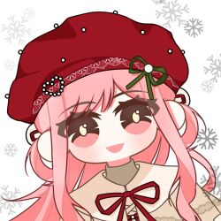  1girl anime_coloring beads beret bright_pupils brown_eyes capelet chinese_commentary collared_capelet commentary_request deformed eyes_visible_through_hair fur-trimmed_capelet fur_trim green_ribbon grey_shirt hair_ornament hair_ribbon happy hat hat_ornament hat_ribbon heart heart_hat_ornament highres infinity_nikki lace-trimmed_capelet lace_trim light_blush long_hair long_sidelocks looking_at_viewer nikki_(nikki) nikki_(series) open_mouth pink_hair pom_pom_(clothes) pom_pom_hair_ornament qi05194738 red_hat red_ribbon ribbon shirt sidelocks smile snowflakes snowing snowy_encounter_(infinity_nikki) solo straight-on turtleneck turtleneck_shirt upper_body wavy_hair white_background white_capelet yellow_pupils 