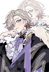  1boy artist_name ascot black_cape black_nails black_shirt blue_eyes bow brown_hair cape earrings english_commentary fingernails frills fur-trimmed_cape fur_trim genshin_impact hair_between_eyes hand_on_own_face hand_up highres illuga_(genshin_cafe_in_seoul)_(genshin_impact) illuga_(genshin_impact) jewelry lohenbnuuy67 long_sleeves looking_afar male_focus mole mole_under_eye multicolored_hair nail_polish official_alternate_costume puffy_long_sleeves puffy_sleeves purple_bow purple_cape red_hair red_pupils shirt short_hair simple_background single_earring solo streaked_hair teeth upper_body white_ascot white_background zoom_layer 