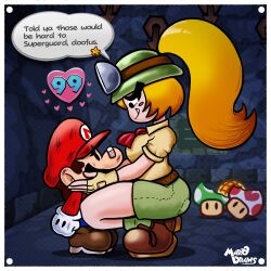  1boy 1girl blonde_hair blue_overalls blush_stickers breasts brown_hair commentary english_commentary english_text facial_hair fang gloves goombella grey_helmet hard_hat hat headlamp helmet highres humanization indoors long_hair mario marodraws mining_helmet mustache overalls paper_mario:_the_thousand-year_door paper_mario_(series) ponytail shoes short_hair short_sleeves speech_bubble striped_hat super_mario_bros. 