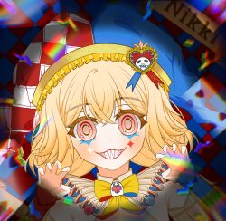  1girl above-cleavage_cutout all-night_party_(infinity_nikki) anime_coloring argyle_background argyle_clothes argyle_hat arm_warmers blonde_hair blue_arm_warmers blue_background blue_hat blue_ribbon bow bowtie brooch brown_eyes card chinese_commentary claw_pose clothing_cutout clown collared_shirt commentary_request confetti copyright_name crazy crazy_smile crossed_bangs diamond_(shape) eyelashes facepaint floating_card ghost hair_between_eyes hat hat_ornament hat_ribbon heart heart_hat_ornament highres infinity_nikki jester_cap jewelry light_blush long_hair looking_at_viewer low_twintails mismatched_arm_warmers multicolored_hat neck_ruff nikki_(series) playing_card qi05194738 rainbow red_arm_warmers red_background red_hat red_ribbon ribbon ringed_eyes sharp_teeth shirt short_sleeves smile solo split-color_clothes straight-on tareme teeth twintails two-tone_background two-tone_ribbon upper_body vignetting white_hat white_shirt yellow_bow yellow_bowtie 