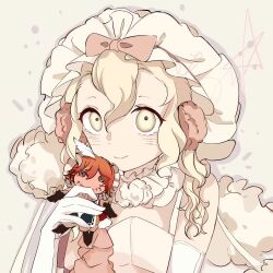  1girl blonde_hair bow closed_mouth commentary_request dress frilled_dress frills holding holding_stuffed_toy magical_girl mahou_shoujo_ikusei_keikaku mahou_shoujo_ikusei_keikaku_limited orange_hair pink_bow pukin smile sonia_bean starletleaf stuffed_toy white_eyes 
