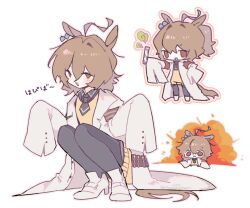  1girl :3 :d agnes_tachyon_(tach-nology)_(umamusume) agnes_tachyon_(umamusume) ahoge animal_ears black_necktie black_shirt border brown_hair chibi chibi_inset collared_shirt commentary english_commentary explosion hair_between_eyes horse_ears horse_girl horse_tail huge_ahoge imaichichan lab_coat long_sleeves medium_hair multiple_views necktie red_eyes shirt short_necktie simple_background sleeves_past_fingers sleeves_past_wrists smile tail test_tube translation_request umamusume white_background white_border 