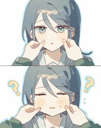 2girls ? absurdres black_hair blue_eyes blue_outline character_pov cheek_pull closed_eyes commentary eyes_visible_through_hair fingernails green_sleeves grey_shirt hand_on_another's_cheek hand_on_another's_face highres hinomori_shiho hoshino_ichika_(project_sekai) light_blush looking_at_viewer miyamasuzaka_girls'_academy_school_uniform multiple_girls oo_oo903 outline pov pov_hands project_sekai sailor_collar school_uniform shirt solo_focus sweatdrop white_sailor_collar 