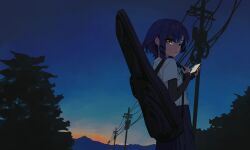  1girl absurdres black_skirt blue_hair bob_cut bocchi_the_rock! cellphone commentary_request earphones evening from_side guitar_case hair_ornament hairclip highres holding holding_phone holding_strap instrument_case instrument_case_on_back layered_sleeves long_sleeves looking_at_viewer looking_back looking_to_the_side mole mole_under_eye outdoors parallel_hairclips phone phone_light pilot_webber pleated_skirt power_lines school_uniform shimokitazawa_high_school_uniform shirt short_hair short_over_long_sleeves short_sleeves sidelocks sideways_glance skirt sky smartphone solo standing tree utility_pole white_shirt yamada_ryo yellow_eyes 