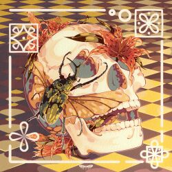  animal antiquedeuce beetle border bug commentary english_commentary flower flower_request highres no_humans original ornate_border red_flower rhinoceros_beetle skull tile_floor tiles white_border 