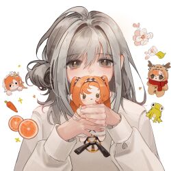  1girl absurdres aged_down carrot character_doll chinese_commentary commentary_request covered_mouth doll dress flower food frog fruit grey_eyes grey_hair hair_bun hands_up highres holding holding_doll kk_kekong looking_at_viewer medium_hair orange_(fruit) reverse:1999 single_side_bun solo sonetto_(reverse:1999) straight-on upper_body vertin_(reverse:1999) white_background white_dress white_flower 