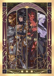  4girls armor artist_name baldur's_gate baldur's_gate_3 black_hair blunt_bangs boots border broken_horn brown_hair circlet colored_skin commentary cropped_legs dark_elf demon_girl dungeons_&amp;_dragons elf elithien english_commentary gem gith_(d&amp;d) gloves green_skin hair_bun highres horns karlach lae'zel leather_armor light_smile long_hair looking_at_viewer minthara multi-tied_hair multicolored_hair multiple_girls ornate_border plate_armor pointy_ears purple_skin red_hair red_skin scar shadowheart_(baldur's_gate) smile standing sword tiefling weapon white_hair yellow_eyes 