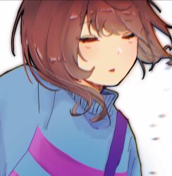  1other 2025 2d ambiguous_gender anniversary bag blue_sweater brown_hair child chromatic_aberration close-up copyright_name cropped digital_media double_horizontal_stripe english_text fairyctrl frisk_(undertale) happy_anniversary horizontal-striped_clothes human long_sleeves other_focus pink_stripes short_hair shoulder_bag simple_background solo striped_clothes striped_sweater sweater text two-tone_sweater undertale utdr_(toby_fox) white_background 
