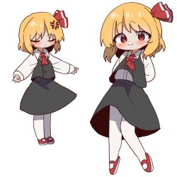  1girl anger_vein arms_behind_back black_skirt black_vest blonde_hair blush closed_mouth collared_shirt commentary dot_mouth dot_nose full_body hair_ornament highres invisible_floor korean_commentary long_sleeves magg_(user_mtca8588) medium_hair multiple_views necktie pantyhose red_eyes red_necktie red_shoes rumia shirt shoes short_necktie simple_background skirt smile split_mouth standing touhou vest white_background white_pantyhose white_shirt 