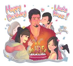  1boy beard birthday_cake black_hair brown_hair cake candle closed_eyes collared_shirt commentary confetti english_commentary facial_hair food ghost hair_ornament hairclip happy_birthday heart highres hood hoodie kiryu_kazuma kiss kissing_cheek multiple_girls multiple_persona parallel_hairclips ryuu_ga_gotoku_(series) sawamura_haruka sawamura_yumi shirt xiriush 