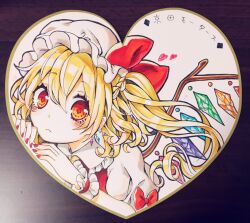  1girl :< blonde_hair circle_name closed_mouth collared_shirt commentary_request earrings flandre_scarlet frilled_shirt_collar frills hat heart highres jewelry kyouda_suzuka long_hair marker_(medium) mob_cap puffy_short_sleeves puffy_sleeves red_eyes red_nails shikishi shirt short_sleeves solo touhou traditional_media white_hat white_shirt wings wrist_cuffs 