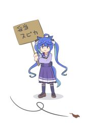  1girl absurdres ahoge animal_ears blue_hair blush bow bowtie brown_shoes closed_mouth crossed_bangs highres holding holding_sign horse_ears horse_girl horse_tail koshiba_taiyaki long_hair long_sleeves multicolored_hair pleated_skirt purple_serafuku purple_shirt purple_skirt purple_thighhighs sailor_collar sailor_shirt school_uniform serafuku shirt shoes sidelocks sign skirt smile solo tail thigh-highs tracen_school_uniform twin_turbo_(umamusume) twintails umamusume white_bow white_bowtie 