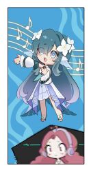  2girls ahoge arm_up bare_shoulders blue_background blue_eyes blunt_bangs blush chibi chibi_only closed_mouth detached_sleeves dress flower genshin_impact green_hair hair_flower hair_ornament hair_over_one_eye hand_on_own_chest hands_up headphones highres long_hair looking_to_the_side looking_up multicolored_hair multiple_girls musical_note open_mouth original pale_skin pr_ponnyan red_eyes red_hair single_hair_intake very_long_hair vodyanitsa_(genshin_impact) white_dress wide-eyed 