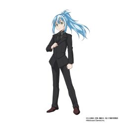 1other androgynous artist_request black_jacket black_necktie black_pants black_suit blue_hair brown_shoes clenched_hands closed_mouth collared_shirt copyright_name copyright_notice floating_hair full_body grey_shirt hair_between_eyes high_ponytail highres jacket long_hair long_sleeves looking_at_viewer necktie official_alternate_costume official_alternate_hairstyle official_art other_focus pants ponytail rimuru_tempest shirt shoes simple_background smile solo standing suit suit_jacket tensei_shitara_slime_datta_ken tensei_shitara_slime_datta_ken:_makoku_renpou_souseiki third-party_source white_background yellow_eyes 