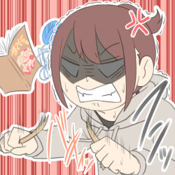  1girl anger_vein blank_eyes book broken brown_hair chinatsu_(juukyuu) clenched_teeth grey_hoodie hood hood_down hoodie juukyuu knitting_needle long_sleeves needle original outline ponytail puffy_long_sleeves puffy_sleeves shaded_face solo teeth trembling upper_body white_outline yarn yarn_ball 