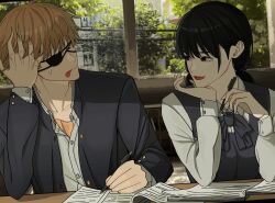 1boy 1girl absurdres black_hair black_jacket black_ribbon blonde_hair blunt_bangs blush book buttons chainsaw_man collared_shirt commentary_request denji_(chainsaw_man) dress dress_shirt eyepatch fourth_east_high_school_uniform head_rest highres jacket korean_commentary long_shirt long_sleeves looking_at_another mitaka_asa neck_ribbon open_clothes open_jacket open_mouth pinafore_dress ribbon school_uniform shirt short_hair sieater07 sleeveless sleeveless_dress studying sweatdrop tongue tongue_out tree twintails upper_body white_shirt writing 