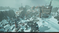  3d absurdres artist_name aurora autodesk_3ds_max_(medium) building camouflage commentary copyright_name email_address english_commentary english_text eve:_valkyrie eve_online glowing grey_sky highres medium_name minmatar_republic_(eve_online) mountain neil_gowland no_humans official_art outdoors radio_antenna realistic rock scenery science_fiction sky snow star_(sky) starry_sky unreal_engine_(medium) web_address zbrush_(medium) 