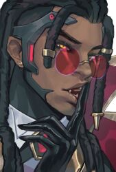  1boy black_gloves black_hair cape chinese_commentary collared_shirt commentary_request dark-skinned_male dark_skin doctrine_(overwatch) dreadlocks fangs finger_to_mouth glasses gloves gold_trim highres long_hair male_focus mystical_high_collar open_mouth overwatch portrait red-tinted_eyewear red_cape ro_juan0425 round_eyewear shirt slit_pupils solo teeth tinted_eyewear two-sided_cape two-sided_fabric upper_body white_background white_shirt wing_collar yellow_eyes 