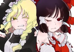  2girls absurdres apron ascot black_dress black_hat blonde_hair blush bow braid brown_hair commentary_request cuts defeat detached_sleeves dress embodiment_of_scarlet_devil fujimugi hair_bow hair_tubes hakurei_reimu hat highres injury kirisame_marisa long_hair looking_at_viewer multiple_girls official_alternate_costume one_eye_closed red_ascot red_bow red_eyes ribbon-trimmed_sleeves ribbon_trim side_braid simple_background single_braid torn_apron torn_clothes torn_dress torn_sleeves touhou upper_body white_apron white_background white_bow witch_hat yellow_eyes 