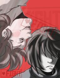  2016 2d 2others ambiguous_gender chara_(undertale) commentary deviantart_sample digital_media duo english_commentary frisk_(undertale) greyscale greyscale_with_colored_background hair_over_eyes highres human image_sample making-of_available monochrome multiple_others neomi-trix other_focus parted_lips photoshop_(medium) red_background short_hair simple_background sweater undertale upside-down utdr_(toby_fox) 