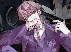  1boy closed_mouth commentary_request cremebril dress_shirt eyelashes green_eyes gun hair_between_eyes happy_birthday highres holding holding_gun holding_weapon jacket male_focus medium_hair necktie pink_hair pink_necktie sanzu_haruchiyo scar scar_on_face scar_on_mouth shirt solo tokyo_revengers vest waistcoat weapon white_shirt 