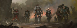  1girl 5boys absurdres adepta_sororitas adeptus_arbites adeptus_astartes adeptus_mechanicus armor artist_name beret breastplate cloak commentary drone eddygonzlezdvila english_commentary gun hat height_difference highres holding holding_gun holding_polearm holding_weapon mechanical_arms mechanical_eyes mechanical_legs multiple_boys non-humanoid_robot ogryn pauldrons polearm power_armor red_cloak red_hat robot robot_animal shoulder_armor single_mechanical_arm single_mechanical_eye tassel walking warhammer_40k weapon white_armor white_hair white_scars 
