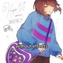  1other 2025 2d alphys ambiguous_gender anniversary asgore_dreemurr asriel_dreemurr bag blue_sweater brown_hair brown_shorts chibi_inset child copyright_name digital_media double_horizontal_stripe english_text fairyctrl flowey_(undertale) frisk_(undertale) happy_anniversary horizontal-striped_clothes human long_sleeves mettaton mettaton_ex other_focus papyrus_(undertale) pink_stripes sans_(undertale) short_hair shorts shoulder_bag simple_background solo sparkle striped_clothes striped_sweater sweater text thumbs_up toriel two-tone_sweater undertale undyne upper_body utdr_(toby_fox) variant_set white_background 
