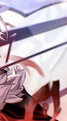  1boy ahoge alyosha_(genshin_impact) aura black_cape cape chromatic_aberration commentary_request dark_aura fur-trimmed_cape fur_trim genshin_impact grey_hair highres hood hooded_cape male_focus ronova_(genshin_impact) short_hair social_media_composition solo ta_l280 upper_body 