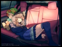  1girl animal_ears balladeluce blazer blush braid brown_hair car_interior commentary_request curren_bouquetd'or_(umamusume) grey_eyes hair_between_eyes hair_ornament highres horse_ears horse_girl horse_tail jacket long_hair looking_at_viewer lying on_back open_mouth pleated_skirt purple_skirt ribbon school_uniform seatbelt skirt solo stuffed_animal stuffed_toy tail toyota_corolla tracen_school_uniform umamusume very_long_braid winter_uniform 