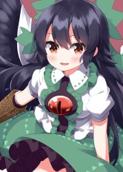  1girl arm_cannon bird_wings black_hair black_wings blush bow cape center_frills chest_eye collared_shirt commentary_request completion_time control_rod_(touhou) feathered_wings frilled_skirt frills green_bow green_skirt hair_between_eyes hair_bow highres long_hair looking_at_viewer open_mouth red_background red_eyes reiuji_utsuho ruu_(tksymkw) shirt skirt smile solo third_eye touhou weapon white_cape white_shirt wings 