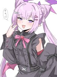  1girl :3 :d \||/ black_shirt black_skirt black_sleeves blue_archive blush bow-shaped_hair breasts brooch center_frills collared_shirt commentary_request cone_hair_bun cowboy_shot demon_girl demon_wings detached_sleeves double_bun frilled_shirt frills hair_bun hair_ornament hairclip halo hand_to_own_mouth heart heart_brooch heart_hair_ornament highres huge_breasts jewelry jirai_kei karen_(blue_archive) long_hair looking_at_viewer low_wings multiple_rings nail_polish neck_ribbon open_mouth pink_hair pink_nails pink_ribbon pointy_ears purple_halo red_wings ribbon ring shirt simple_background single_wing skirt sleeveless sleeveless_shirt small_breasts smile solo speech_bubble spoken_heart suspender_skirt suspenders tachikaze_miyako translated tsurime twintails violet_eyes white_background wings 