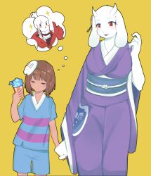  1boy 1girl 1other 2026 2d adapted_costume alternate_costume ambiguous_gender animal_ears animal_nose anthro armor blue_obi blue_shirt blue_shorts body_fur breasts brown_hair character_mask child commentary cowboy_shot delta_rune_(symbol) delta_rune_print digital_media double_horizontal_stripe droopy_ears english_commentary eyelashes fairyctrl fangs female floppy_ears flower_hair_ornament food frisk_(undertale) furry furry_female gloves goat goat_ears goat_girl goat_horns hair_ornament hand_up highres holding holding_cup holding_food holding_hands horizontal-striped_clothes horns human humanoid japanese_clothes kimono long_sleeves male mammal mask mask_on_head monster monster_boy monster_girl napstablook obi papyrus_(undertale) pink_stripes print_kimono purple_kimono red_eyes red_gloves red_scarf scarf shirt short_hair shorts simple_background skeleton skin_fangs sparkle spoken_character standing striped_shirt teeth thought_bubble thumbs_up toriel two-tone_shirt undead undertale utdr_(toby_fox) white_fur white_horns yellow_background 