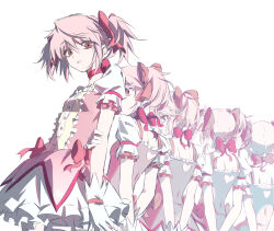  1girl arm_behind_back arms_behind_back back_cutout bow bow_choker breasts choker clothing_cutout commentary cowboy_shot dress dress_bow frilled_dress frills gloves h_tora4 hair_between_eyes hair_bow hand_on_own_arm heart_cutout highres kaname_madoka kaname_madoka_(magical_girl) leaning_back looking_at_viewer magical_girl mahou_shoujo_madoka_magica mahou_shoujo_madoka_magica_(anime) multiple_hair_bows multiple_views parted_lips petticoat pink_bow pink_choker pink_dress pink_hair puffy_short_sleeves puffy_sleeves red_eyes short_hair short_sleeves short_twintails sidelocks simple_background small_breasts square_neckline twintails white_background white_gloves 