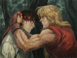  2boys arms_up blonde_hair blood blood_on_face brown_eyes brown_gloves brown_hair closed_mouth commentary_request fingerless_gloves forest from_side frown gloves hair_down headband highres injury ken_masters long_hair looking_at_another male_focus multiple_boys nature outdoors profile red_headband red_shirt ryu_(street_fighter) shirt short_hair sleeveless sleeveless_shirt ssnosa39 street_fighter street_fighter_ii:_the_animated_movie street_fighter_ii_(series) upper_body very_long_hair white_shirt 