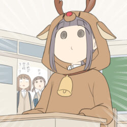  3girls animal_costume animal_ears animal_hood antlers backpack bag bell blank_eyes brown_cardigan brown_hair cardigan chair closed_mouth collared_shirt deer_ears desk dress_shirt emphasis_lines fake_animal_ears fake_antlers hana_(juukyuu) hood hood_up horns indoors juukyuu low_twintails multiple_girls neck_bell original parted_lips reindeer_antlers reindeer_costume reindeer_hood school_bag school_chair school_desk school_uniform shirt short_twintails sliding_doors solid_circle_eyes tomo_(juukyuu) translation_request twintails white_shirt yui_(juukyuu) 