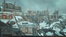  3d absurdres artist_name aurora autodesk_3ds_max_(medium) building camouflage commentary copyright_name email_address english_commentary english_text eve:_valkyrie eve_online glowing grey_sky highres medium_name minmatar_republic_(eve_online) mountain neil_gowland no_humans official_art outdoors radio_antenna realistic rock scenery science_fiction sky snow star_(sky) starry_sky unreal_engine_(medium) web_address zbrush_(medium) 