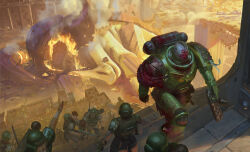  1boy 6+others adeptus_astartes after_battle armor astra_militarum blood blood_on_armor blood_on_face bozhko_dimitrov commentary english_commentary fire flamer flamethrower green_armor helmet highres holding holding_flamethrower holding_weapon multiple_others power_armor purity_seal salamanders_(warhammer) solo_focus studded_pauldrons tyranid unworn_headwear unworn_helmet warhammer_40k weapon 