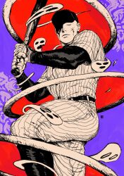  1boy absurdres add-on_(off) baseball_bat baseball_cap baseball_uniform belt black_belt black_boots blood blood_on_face boots closed_eyes closed_mouth gloves hat highres holding holding_baseball_bat male_focus myojo_0120 off_(game) one_eye_covered pants purple_background shirt solo_focus spectre_(off) sportswear the_batter_(off) white_gloves white_pants white_shirt 